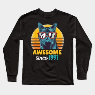 Awesome Since 1991   Funny Cat Lover 32Th Birthday Gift Long Sleeve T-Shirt